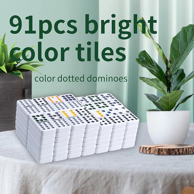 Mexican Dominoes Set in WoodenCase Double 12 Color Dotted Set with Acrylic Hub, 91 Color Dot Tiles, 9 Trains, Family Game for Adults (Color Dotted)