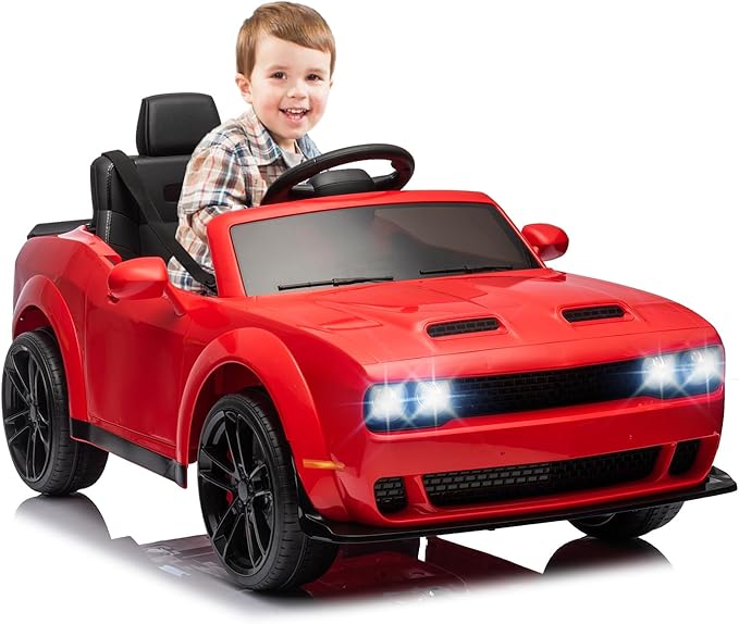Kids Electric Car | Licensed Dodge Challenger Ride-On 12V Battery-Powered Vehicle with Remote, LED Lights, Bluetooth, MP3 for Boys and Girls, Red