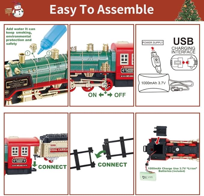 JUQU Christmas Train Set - Electric Train Toys w/Smokes&Lights&Xmas Sounds, Toddler Train Sets for Kids w/Rechargeable Battery & Locomotive Engine, 4 Cars & 21 Tracks for Age 3 4 5 6 7 8+ Boys Girls