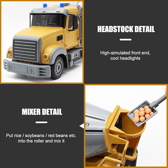 Fistone RC Cement Mixer Toy, 6 Channel Truck With Lights, 1:24 Electric 360 Degree Stirring Vehicle, Rechargeable Construction Truck for Kids