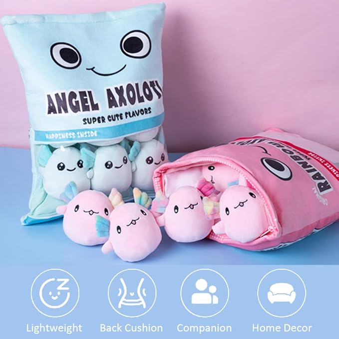 ARELUX Cute Axolotl Plush Pillow:Removable Stuffed Animal Bag Plushie 6Pcs Sets Stuffed Salamander Throw Pillow Soft Blue Axolotl Plush Toys Doll Creative Birthday Friends Family Member