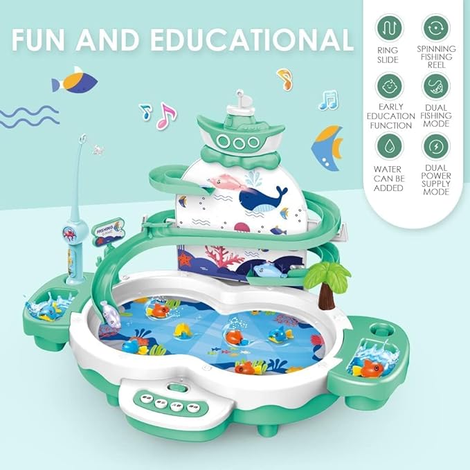 3in1 Fishing Game Toys for Kids with 34PCS Accessories Including Fishing Rod, Small Fish, Track, etc., STEM Toys with Music and Stories for Preschool Learning (Green)