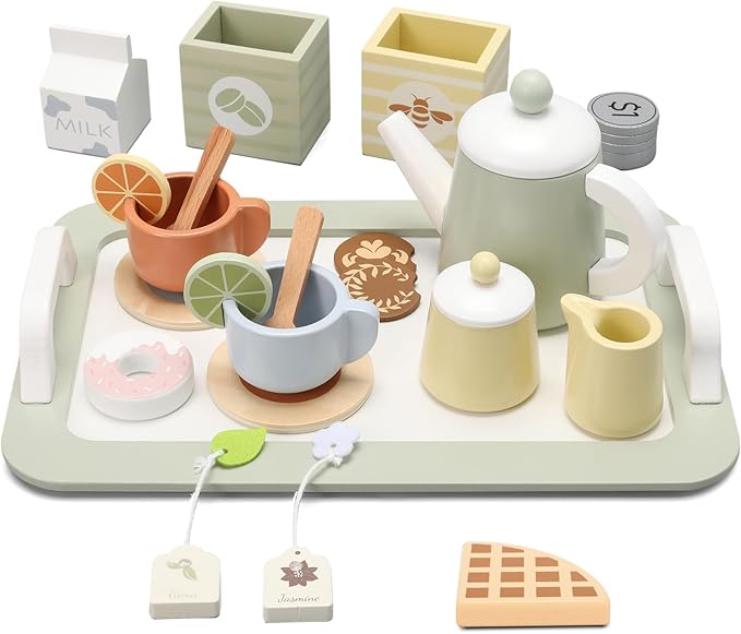 Wooden Tea Party Set for Little Girls, Play Tea Set for Kids Toddlers, Pretend Play Kitchen Toy Gift for 1 2 3 4 5 Years Old