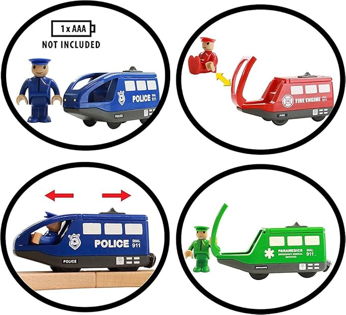 Wooden Train Set for Toddlers Battery Operated Action Rescue Trains with 3 Magnetic Motorized Engines and 6 Cars, Compatible with Thomas, Brio, Melissa and Doug