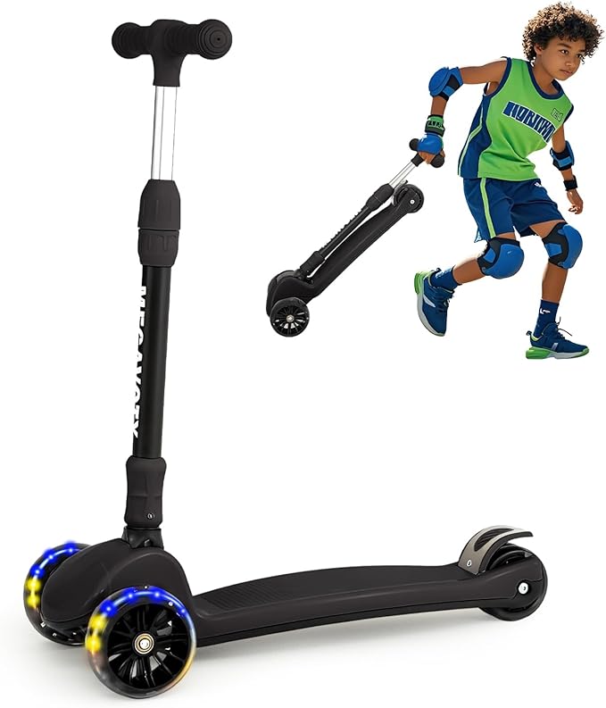 Kids & Adults Kick Scooter – 2 or 3 Wheel Options (LED on 3-Wheel) for Outdoor Fun & Commuting, Foldable and Portable, Adjustable Handle, Anti-Slip Deck (Ages 3 to Adult),Birthday Gift