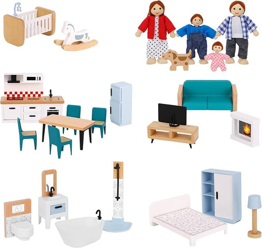 Wooden Dollhouse Furniture Set for Kids, 26 Pcs Dollhouse Accessories with 4 Family Dolls and Dog, Miniature Doll House Furniture Toys Pretend Play Set for G irls Boys Age 3+