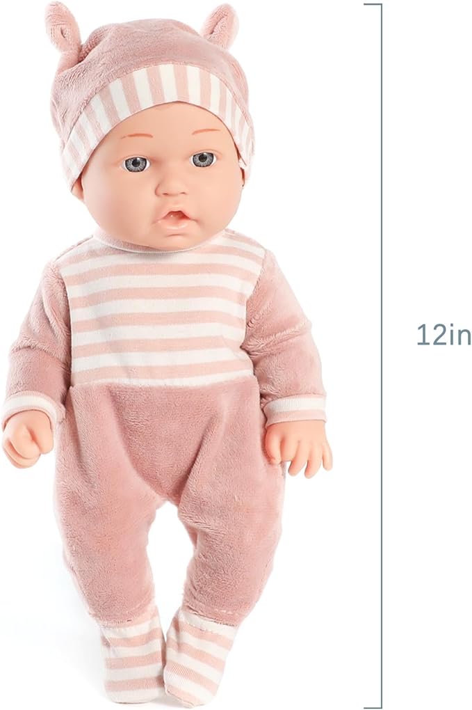 12'' Baby Doll Playset with Washable Doll Accessories Includes Carrier Bassinet Bed, Pacifier, Blanket, and Pillow, First Baby Dolls for Toddlers 36 Months and Up