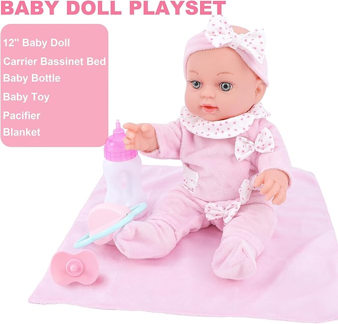 12 Inch Baby Doll Playset with Dolls Clothes and Accessories First Baby Dolls for Toddlers 3 Years and Up Includes Bassinet Bed, Blanket, Bottles, Nipple, Diaper, Toys