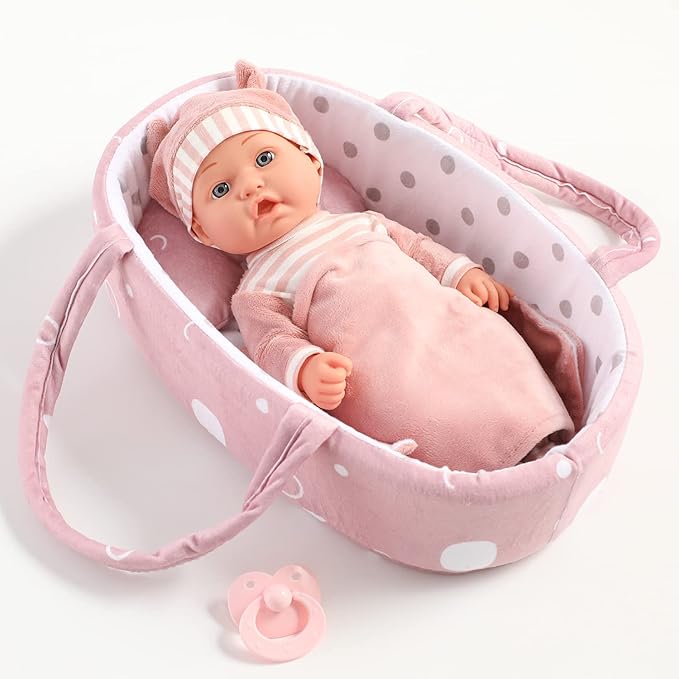 12'' Baby Doll Playset with Washable Doll Accessories Includes Carrier Bassinet Bed, Pacifier, Blanket, and Pillow, First Baby Dolls for Toddlers 36 Months and Up