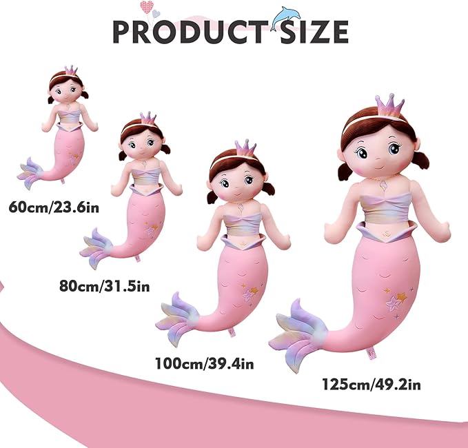 Mermaid Stuffed Animal Plush, 39.4in Cute Soft Pink Hugging Mermaid Plushies Pillow Toys Kawaii Birthday Gift for for Adults Kids Boys Girls