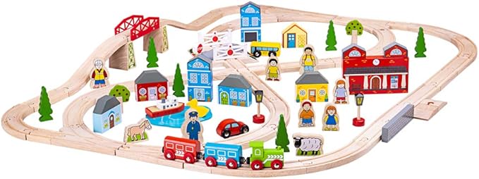 Bigjigs Rail Wooden Town and Country Train Play Set with Accessories