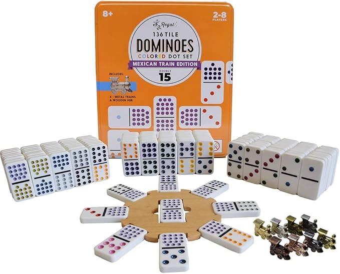 Regal Games - Mexican Train Dominoes Game Set - Double 15 Colored Dot Dominoes - 8 Metal Trains, 136 Tiles, Wooden Hub, Collector’s Tin - Fun Family-Friendly Game - for 2-8 Players