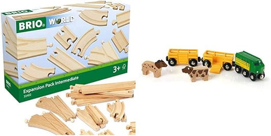 BRIO World 33404 Farm Train 5-Piece Set + 33402 Expansion Pack Intermediate Wooden Toy Trains