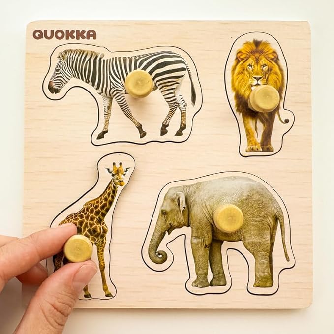 QUOKKA Wooden Puzzles for Toddlers 1-3 – 4 Set Pegged Puzzles for Kids Ages 2-4 – Animal and Birds Learning Toy for Kids – Gift Realistic Educational Game for Boy and Girl