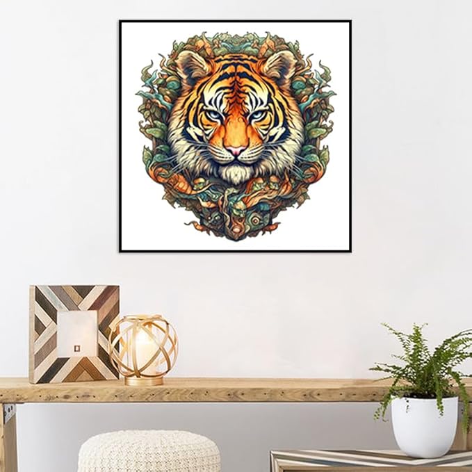 Wooden Puzzles for Adults, Jungle Tiger Unique Shaped Wooden Jigsaw Puzzle, Premium Wooden Box Animals Wood Cut Puzzles, Birthday, 187 Pieces, 11.81"x11.22"