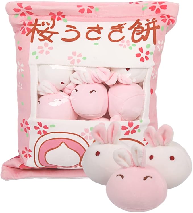 ARELUX Cute Bunny Plush Pudding Pillow:Snack Pillow Toys Bag Removable Stuffed Animal 8Pcs Sets Creative Plush,Soft Sakura Bunny Plushie Throw Pillow,Dolls Friends Family Member
