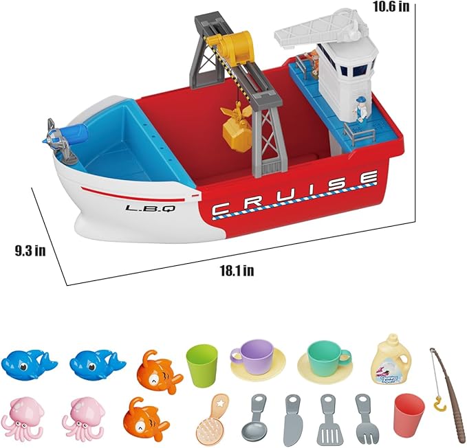 Ship Toy, Toy Boats for Water Play, Kids Bath Toy with Mini Fishes & Tools Dolls, Bathtub Bathroom Pool Beach Toy Set for Toddlers Boys, Toy Boats for Pool