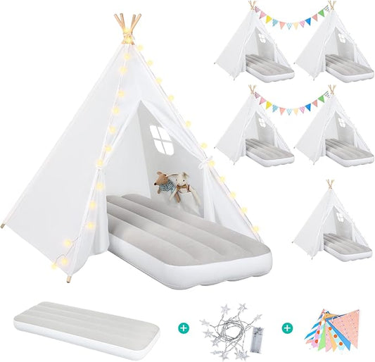 Teepee Tent for Kids Slumber Party 6 Pack - Inflatable Airbed & Star Lights & Colored Flag - Indoor Outdoor Toddler Play Tent for Girls Boys Birthday Gifts Sleepover Party (White)