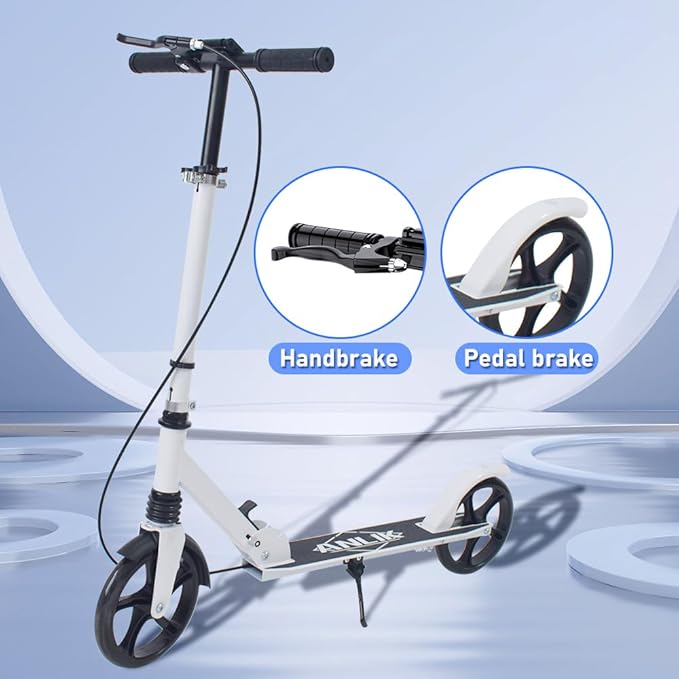 Dual-Brake Shock-Absorbing Kick Scooter, Anti-Skid PU Wheels, 4 Height-Adjustable Positions, Wider Pedals, Suitable for Children Over 6 Years Old, Teenagers & Adults