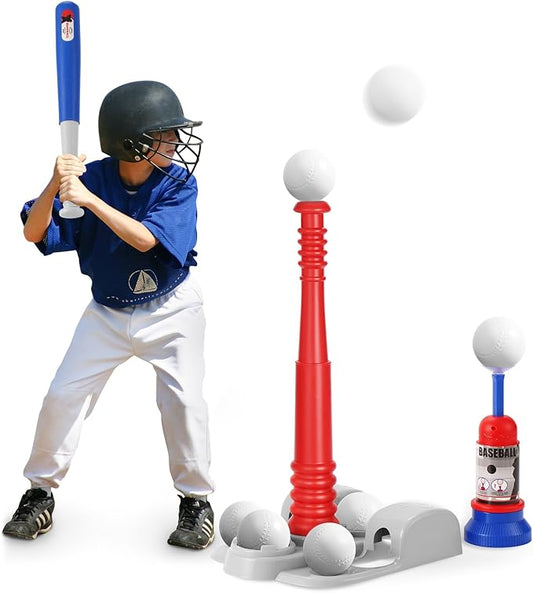 T Ball Set, Tee Ball Set for Kids 3-5 with 6 Large Baseballs & Automatic Pitching Machine & Adjustable Batting Bat, Outdoor Games Sports Toy Gift for Toddlers Boys Girls Ages 5-8 8-12