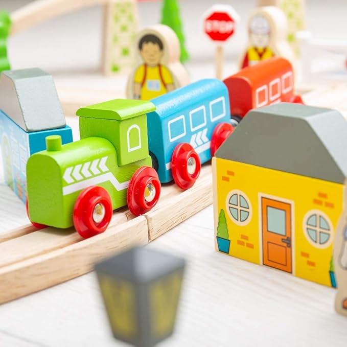 Bigjigs Rail Wooden Town and Country Train Play Set with Accessories