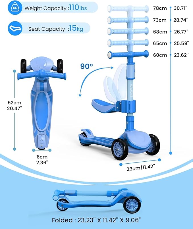 2-in-1 Adjustable Kick Scooter for Kids 3-5 (Suitable 3-12 Years),5-Level Handlebar & Removable Seat, LED Light-Up Wheels, Wide Deck, Foldable Design for Indoor/Outdoor Use - Girls & Boys
