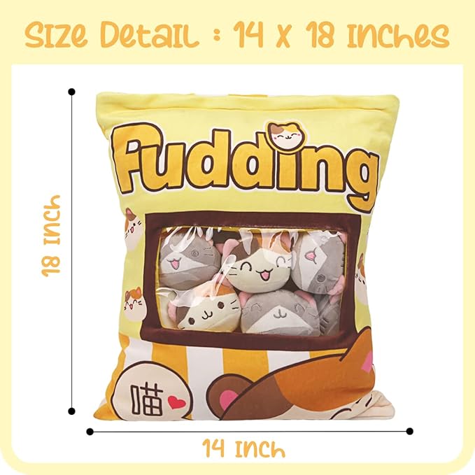 ARELUX Cute Cat Plush Pudding Pillow:Snack Pillow Toys Bag Removable Stuffed Animal 8Pcs Sets Creative Plush,Soft Yellow Cat Plushie Animal Throw Pillow,Dolls Friends Family Member