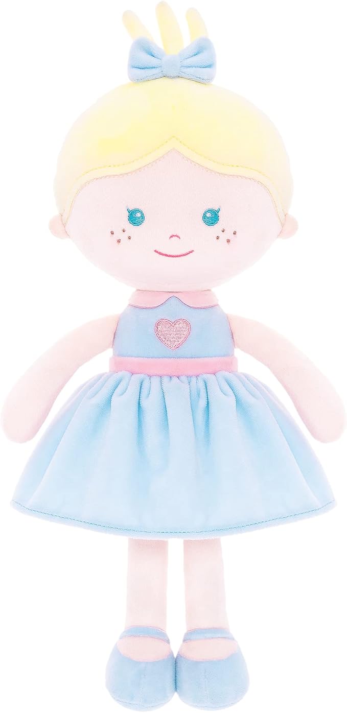 Onetoo Soft Baby Doll for Girls Plush Rag Doll Sleeping Cuddle Buddy Doll First Baby Doll Wear Blue Love Dress 14"