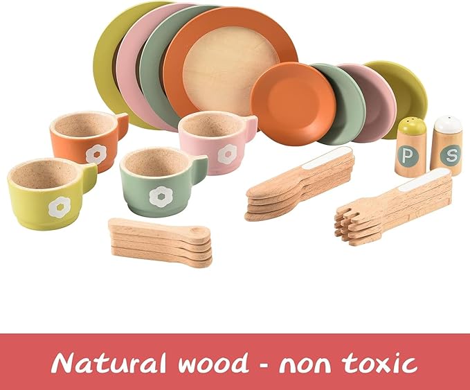 Giant bean 27PCS Wooden Toy Plates and Dishes for Kitchen Set, Wooden Play Kitchen Accessories for Girls and Boys, Montessori Toys, Christmas Birthday Gift for Kids