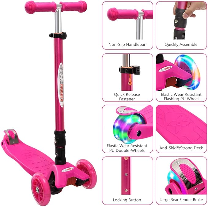 ChromeWheels Scooters for Kids, Deluxe Kick Scooter Foldable 4 Adjustable Height 132lbs Weight Limit 3 Wheel, Lean to Steer LED Light Up Wheels, Best Gifts for Girls Boys Age 3-12 Year Old