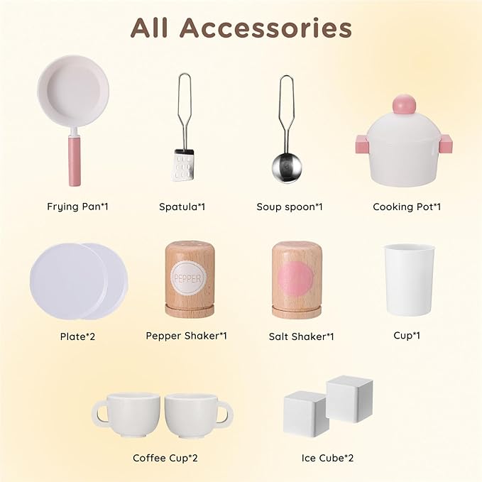 SainSmart Jr. Play Kitchen for Kids, Wooden Kitchen Playset with Lights & Sounds, Ice Maker, Oven & Sink, Trendy Home Style Toy Kitchen, Gift for 3+ Years