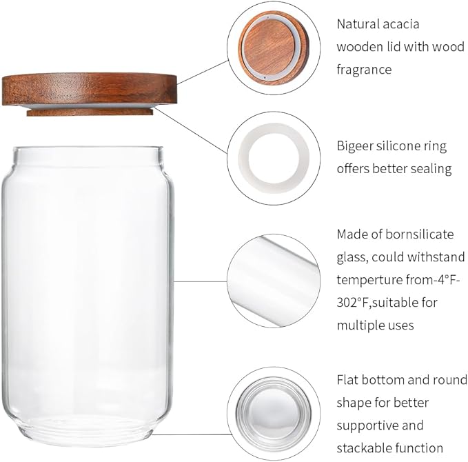 Glass Storage Jars Set of 3, 25 OZ HIgh Borosilicate Glass Containers Kitchen Food Canisters with Acacia Wood Lids for Coffee Beans/Sugar/Tea/Nuts