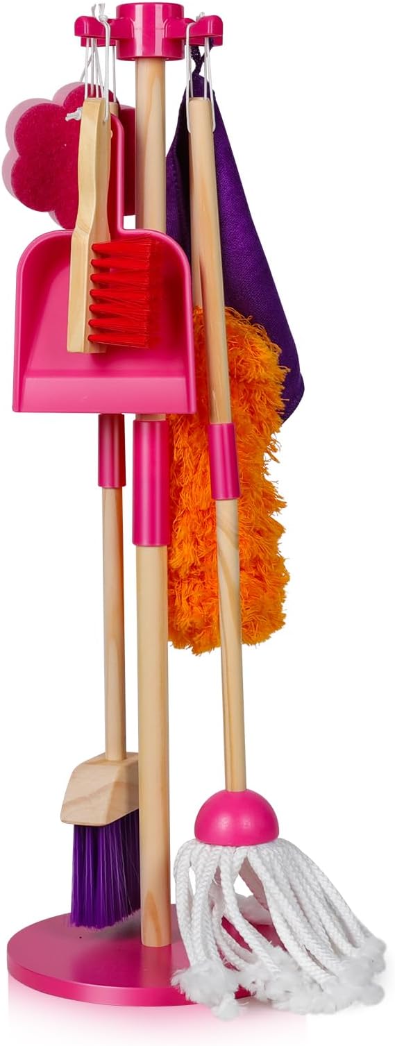 Masthome 8 Pieces Kids Cleaning Set,Wooden Cleaning Toys for Kids Broom Dustpan Mop Brush Duster Rag Sponge and Hanging Stand,Skill Developmental Pretend Play Kit for Toddlers,Children