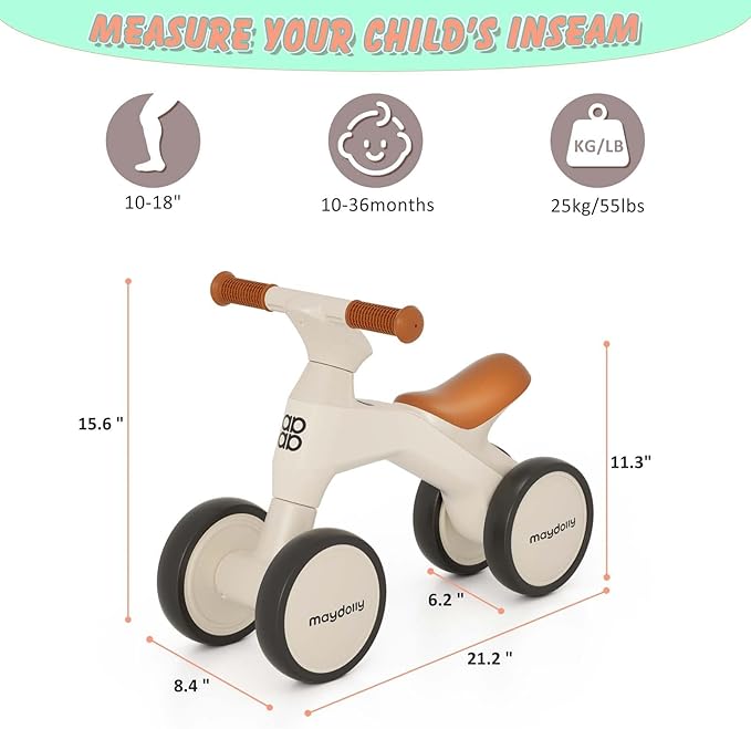 Maydolly Baby Balance Bike, Toddler Balance Bike for 1 Year Old Boys Girls, 4 Wheels Toddler Bike, First Birthday Gifts for 10-36 Month (White)