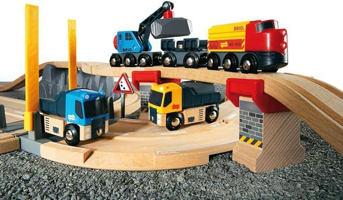 BRIO World 33210 - Rail & Road Loading Set - 32 Piece Wooden Train Set | Ideal for Kids Aged 3+ | with Special Crane Car & Flatbed Idea