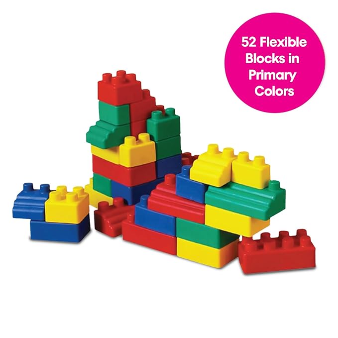 Edushape Soft Baby Blocks, 52 Pieces - Vibrant Colored Stacking Blocks for Building & Learning - Educational Play Soft Blocks for Babies, Toddlers, & Kids