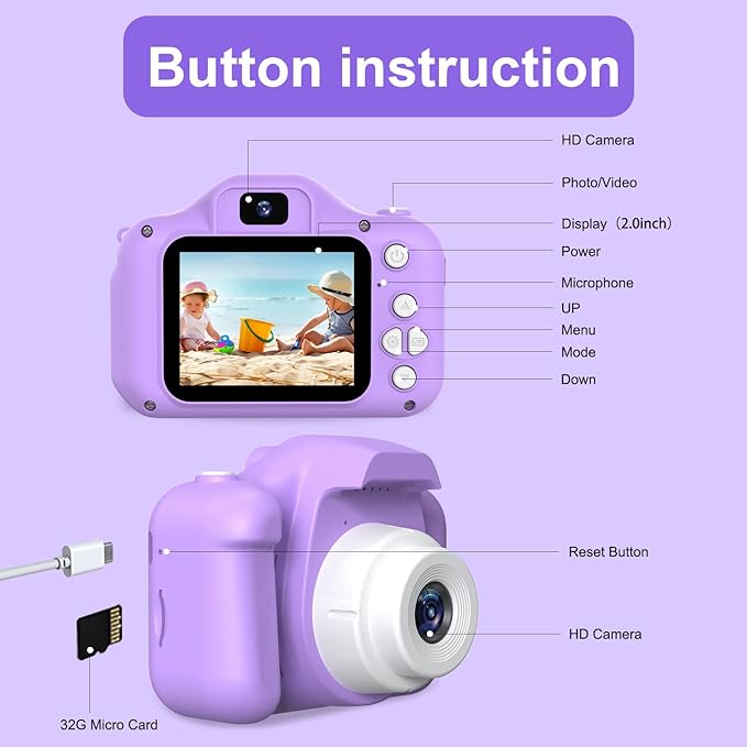 goopow Kids Selfie Camera, Christmas Birthday Gifts for Boys Age 3-9, HD Digital Video Cameras for Toddler, Portable Toy for 3 4 5 6 7 8 Year Old Boy&Girls with 32GB SD Card