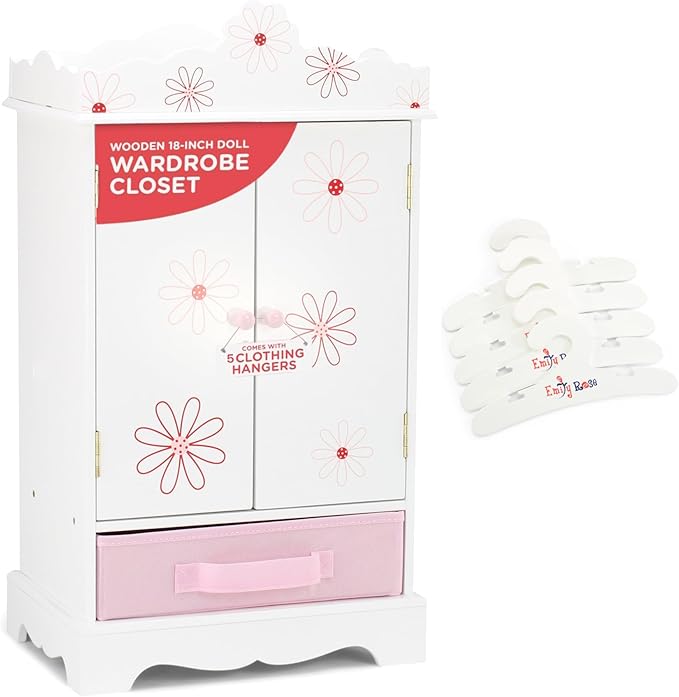 Emily Rose 18 Inch Doll Clothes Wooden Storage Closet Cabinet with 5 Clothing Hangers - Fits 18" American Girl Doll Clothes and Accessories l Miniature Bedroom Armoire Furniture Gift Playset (Floral)