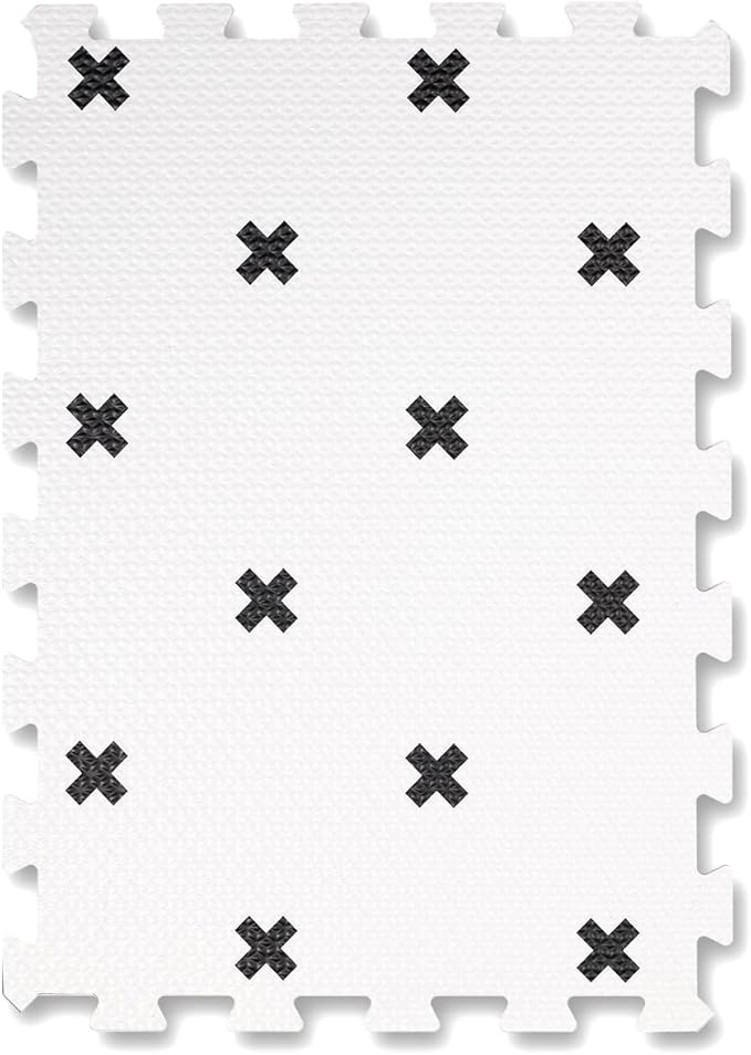TCBunny 16 Interlocking Tiles and Edges Baby Play Mat for Kids & Toddlers - 5.6 X 4 FT (White with Black Cross)