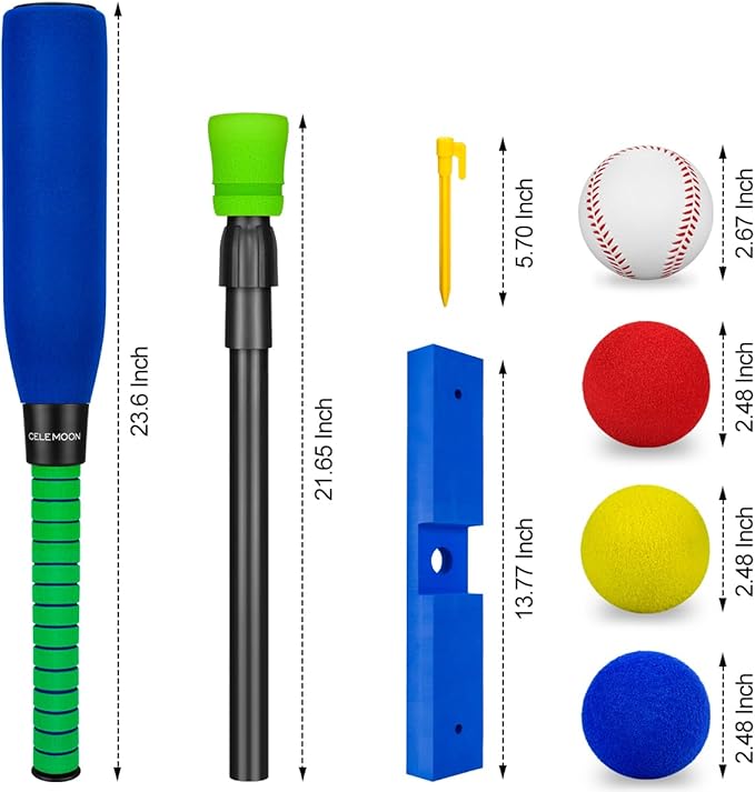 Foam Tball Set for Kids Toddlers 3-5, T Ball Baseball Softball Bat Set Adjustable Batting Tee, 8 Colored Balls, for Boys Girls 3-5 5-8 Years Indoor Outdoor Sport Playing Toys, Blue