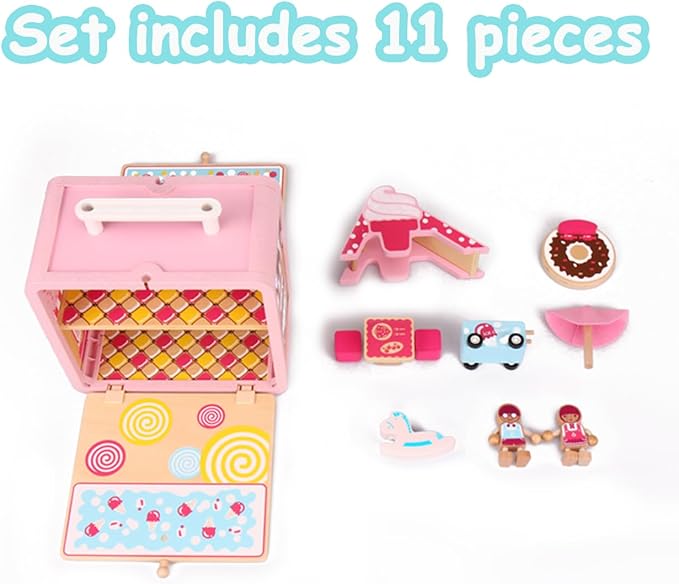 Wooden Building Set Toys Candy House Toys with Wooden Small Table and Chairs Blocks Storage Toys for Age 3+ Children