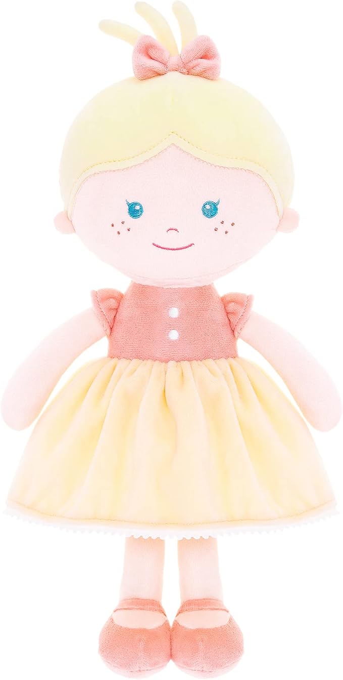 Onetoo Soft Baby Doll for Girls - Plush Rag Doll Sleeping Cuddle Buddy - Yellow Dress, 14"