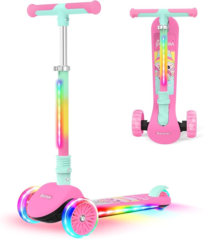 BELEEV A9 Kids Scooter with LED Light-Up Wheels & Deck, 3 Wheel Folding Scooter for Toddlers Girls Boys Ages 3-12, Adjustable Handlebar, Lean to Steer, Extra-Wide Wheels, Kick Scooter for Children