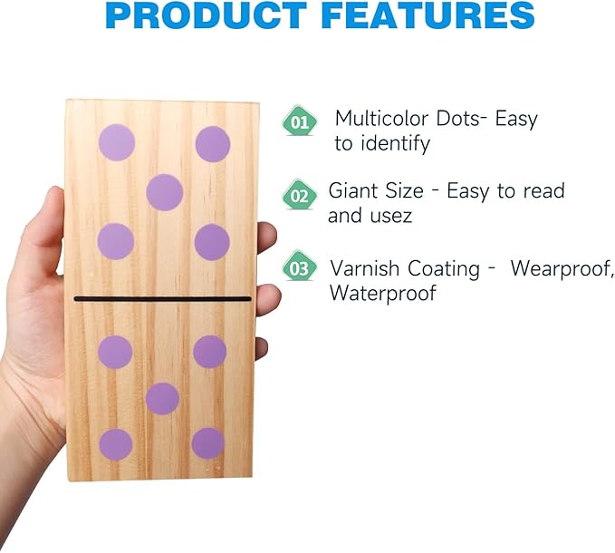 GSE Games & Sports Expert Large Wooden Dominoes with Multi-Color Dots, 28 Piece 7" x 3.5" Dominoes Game Set with Storage Bag for Home, Yard