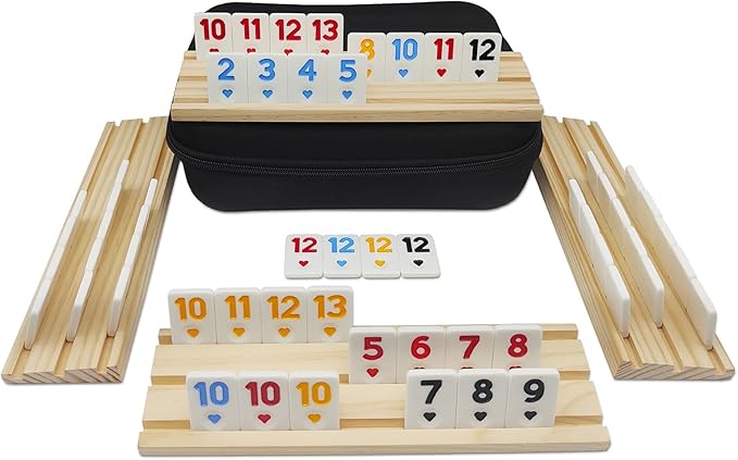 Rummy Cube Game with 4 Wooden Racks, 106 Rummy Tiles Game Set with Travel Case Rummy Cube Travel Set with 4 Tiles Holders for Family Game Night