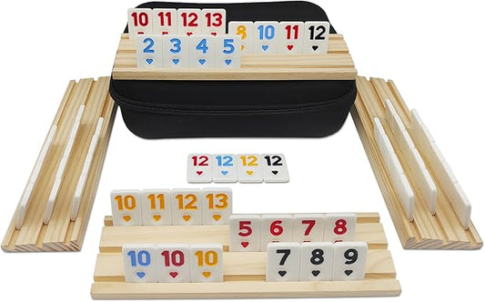 Rummy Cube Game with 4 Wooden Racks, 106 Rummy Tiles Game Set with Travel Case Rummy Cube Travel Set with 4 Tiles Holders for Family Game Night