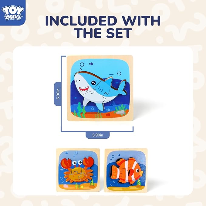 TOY Life Wooden Puzzles for Toddlers 2-4, Sea Animals Puzzles for Toddlers 1-3, Wood Puzzles Educational Montessori Toys Gifts for 1 2 3 Year Old, Baby Kids Learning Toy