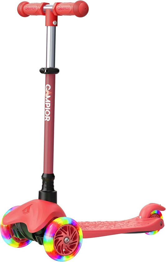 Red & Blue Mini 3 Wheel Scooter for Kids – Lean-to-Steer with LED Light-Up Wheels, Adjustable Handlebar, Wide Anti-Slip Deck, Smooth PU Wheels, Rear Foot Brake – Toddler Scooter for Ages 2+