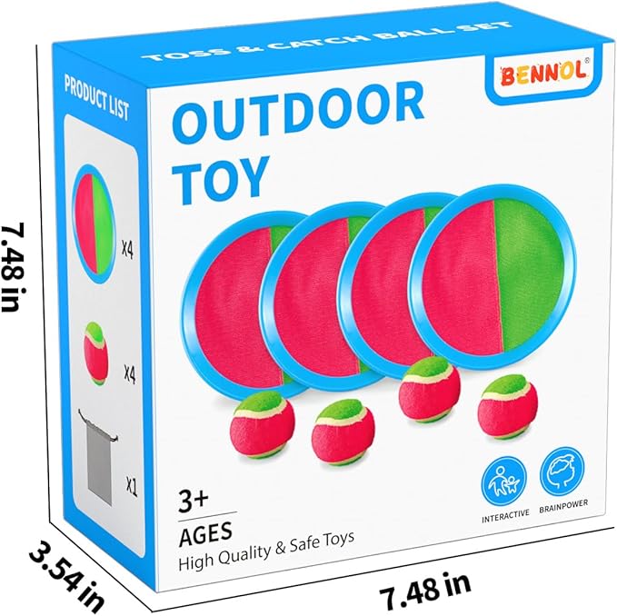 Bennol Toss and Catch Ball Game for Kids, 4 Paddles, 4 Balls & Storage Bag, Outdoor Toys for Ages 3-10, Yard Backyard Beach Games