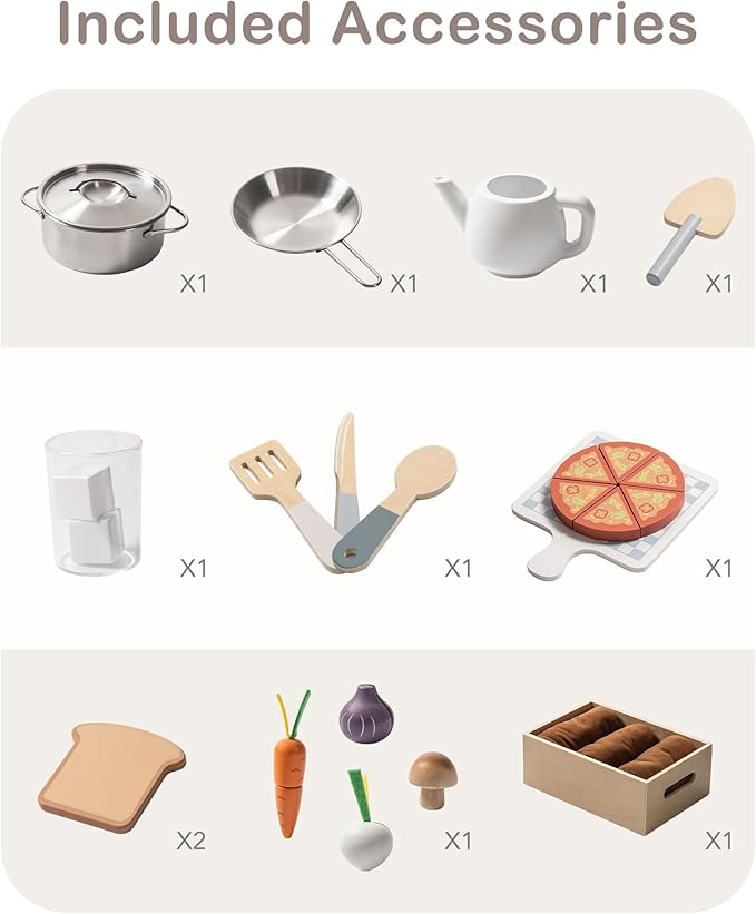 ROBUD Kids Play Kitchen - Wooden Toy Kitchen with Planting Box, Montessori Pretend Kitchen playset with Ice Maker and Pizza Oven for Toddlers 3-8